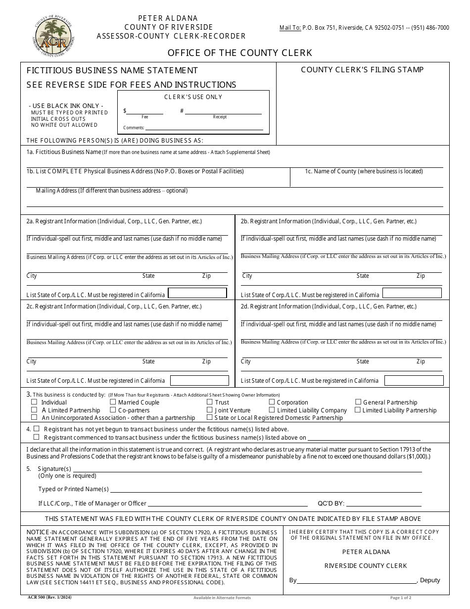 Form Acr500 Download Fillable Pdf Or Fill Online Fictitious Business Name Statement County Of 1194