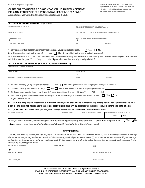 Form BOE-19-B Claim for Transfer of Base Year Value to Replacement Primary Residence for Persons at Least Age 55 Years - Sample - County of Riverside, California