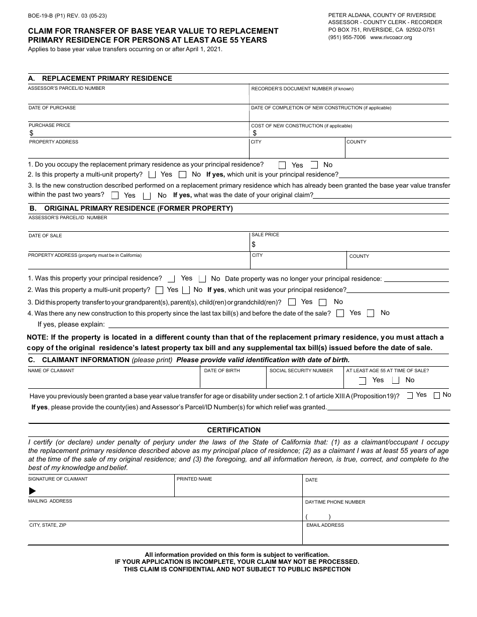 Form BOE-19-B Claim for Transfer of Base Year Value to Replacement Primary Residence for Persons at Least Age 55 Years - Sample - County of Riverside, California, Page 1