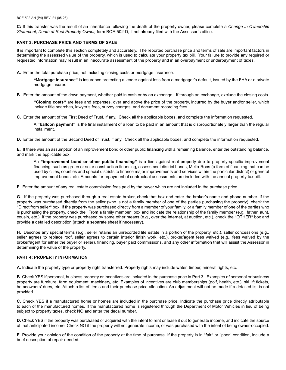 Form BOE-502-AH Change of Ownership Statement - County of Riverside, California, Page 4