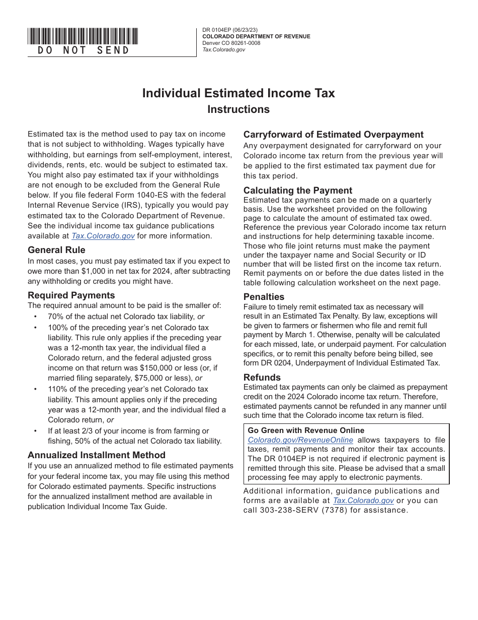 Form DR0104EP Colorado Estimated Income Tax Payment Form - Colorado, Page 1