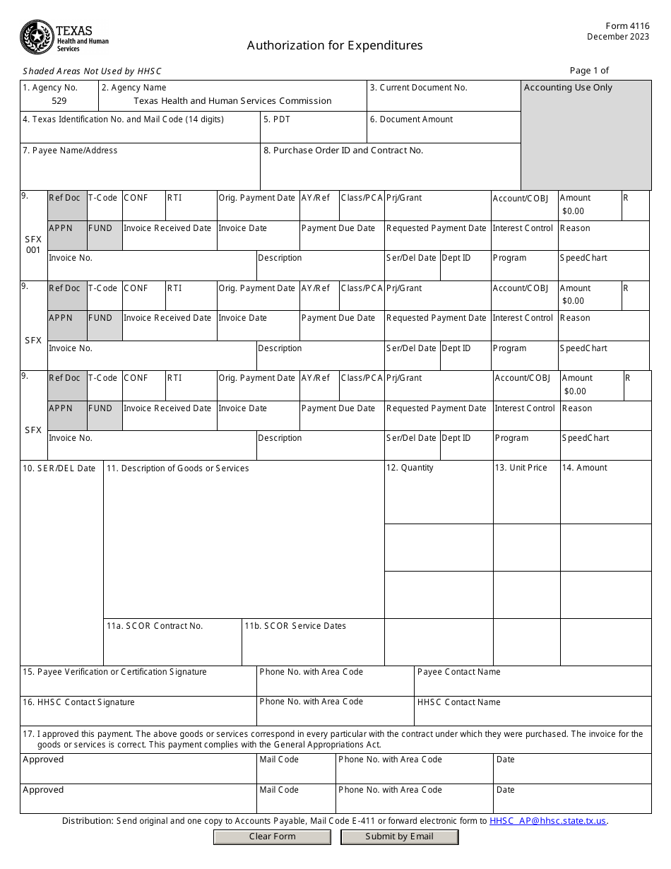Form 4116 Authorization for Expenditures - Texas, Page 1