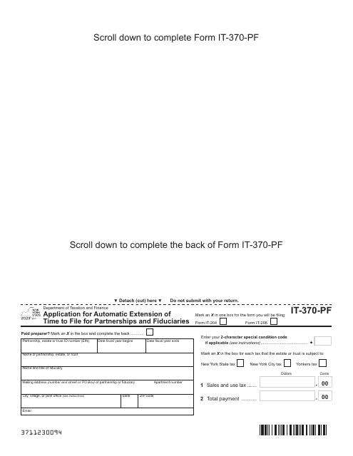 Form IT-370-PF Application for Automatic Extension of Time to File for Partnerships and Fiduciaries - New York, 2023
