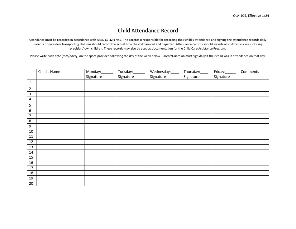 Form OLA-104 Child Attendance Record - South Dakota, Page 1
