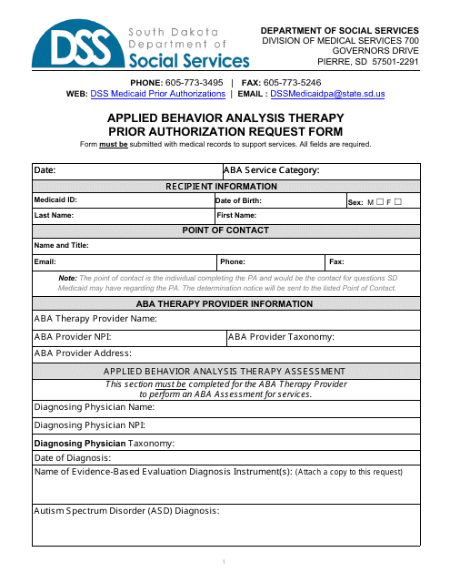 Form PA-102 Applied Behavior Analysis Therapy Prior Authorization Request Form - South Dakota