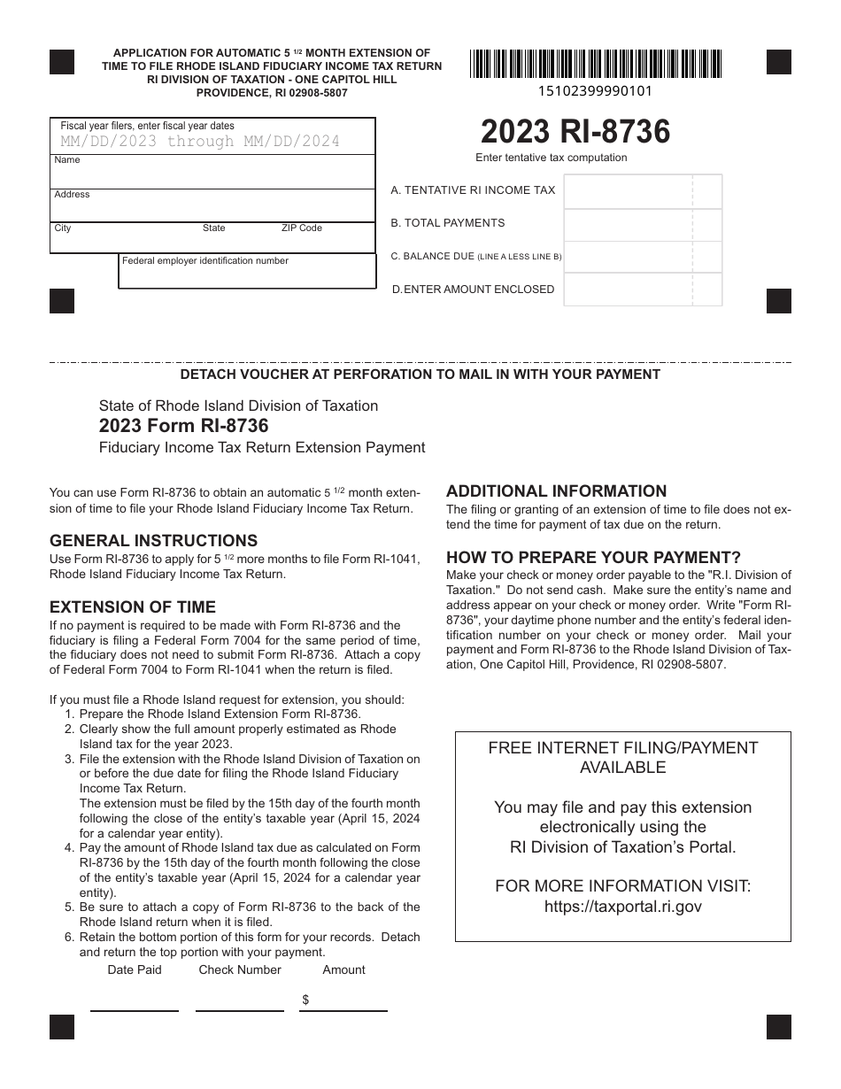 Form RI-8736 Fiduciary Income Tax Return Extension Payment - Rhode Island, Page 1