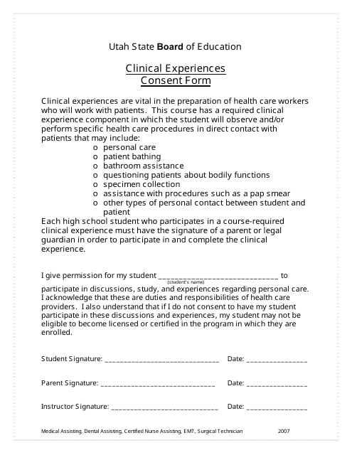 Clinical Experiences Consent Form - Utah