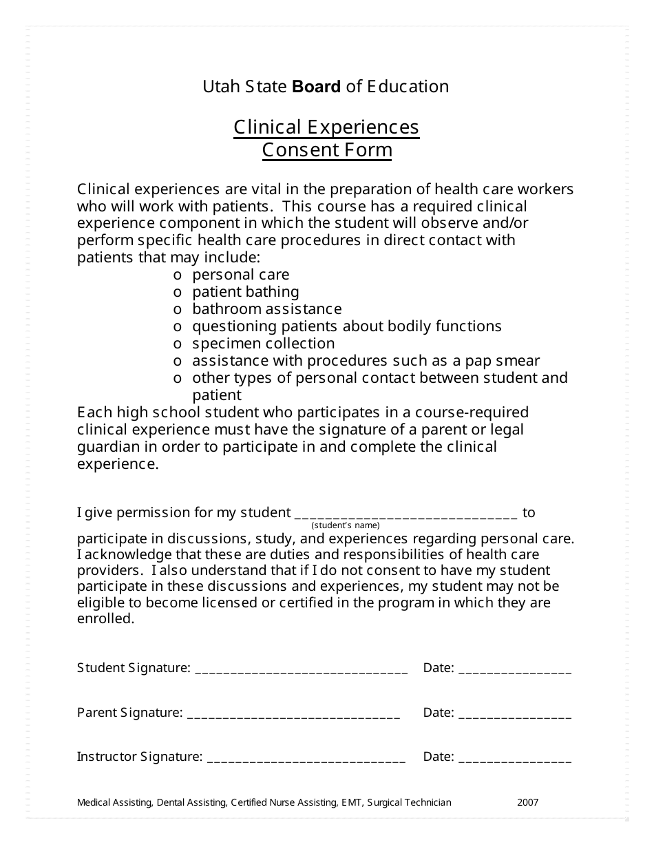 Clinical Experiences Consent Form - Utah, Page 1