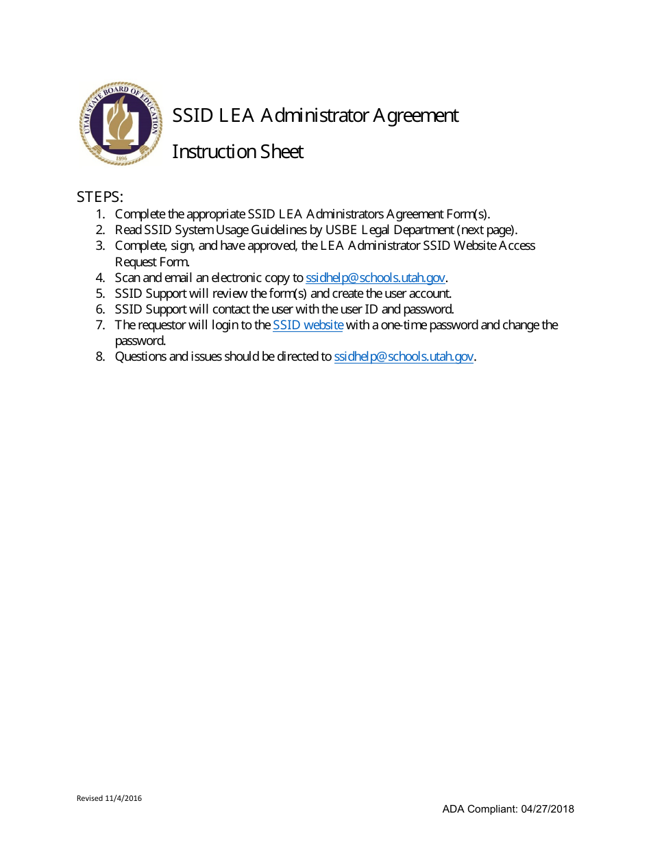 Ssid Lea Administrator Agreement: Ssid Website Access Request Form - Utah, Page 1