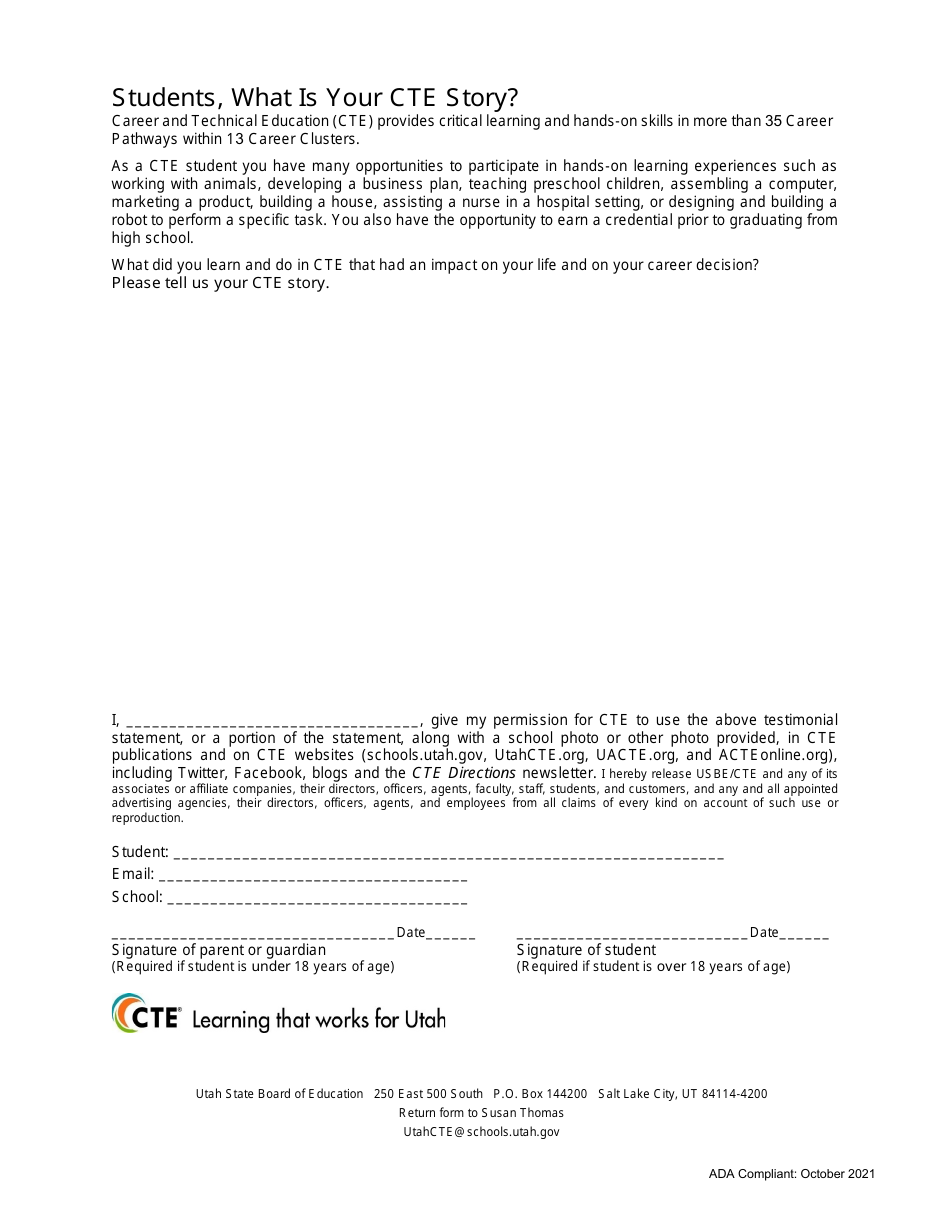 Cte Success Story Form - Student Version - Utah, Page 1