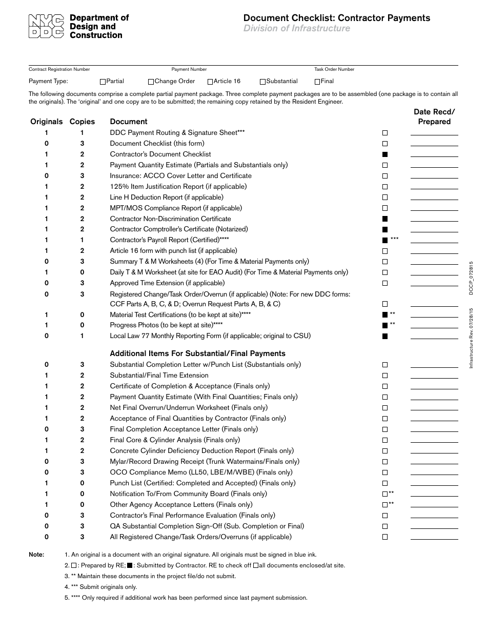 Document Checklist: Contractor Payments - Division of Infrastructure - New York City, Page 1