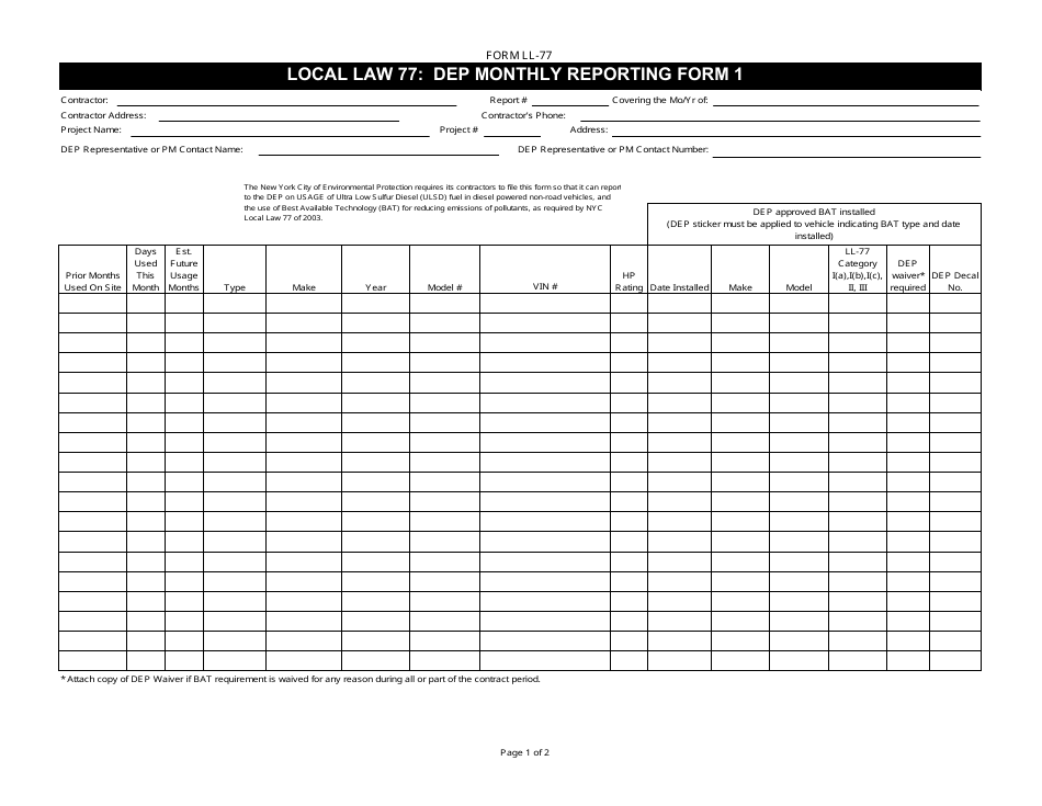 Form LL-77 Local Law 77 Monthly Reporting Form - New York City, Page 1