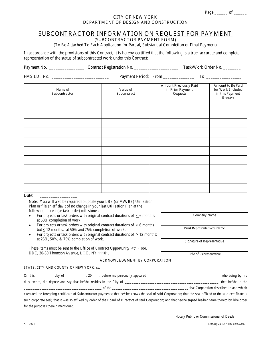 Subcontractor Payment Form - New York City, Page 1