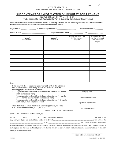 Subcontractor Payment Form - New York City Download Pdf