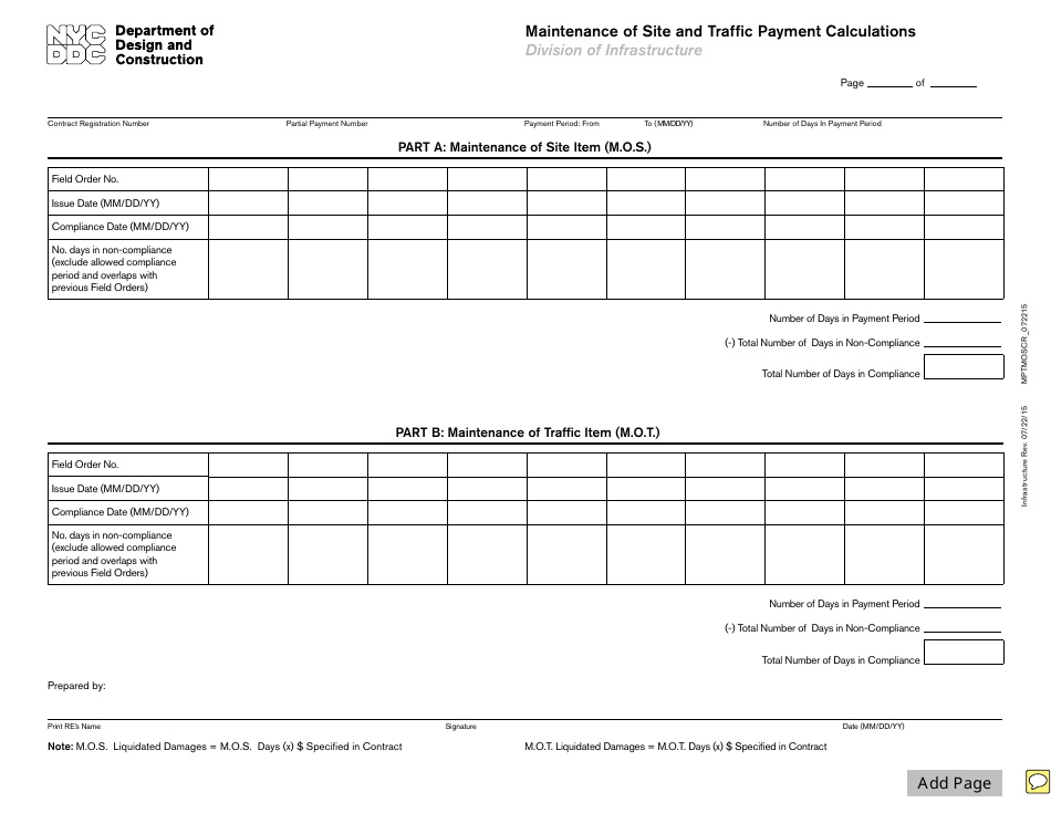 New York City Maintenance of Site and Traffic Payment Calculations