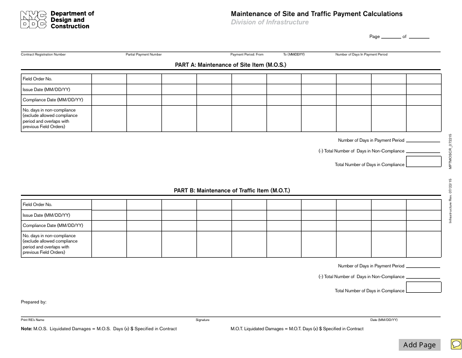 Maintenance of Site and Traffic Payment Calculations - New York City, Page 1