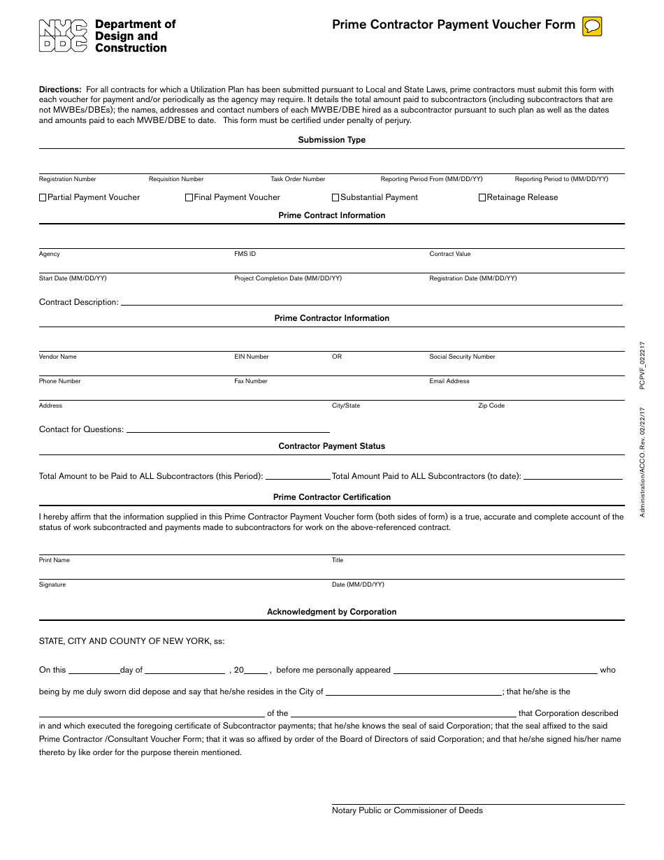 Prime Contractor Payment Voucher Form - New York City, Page 1