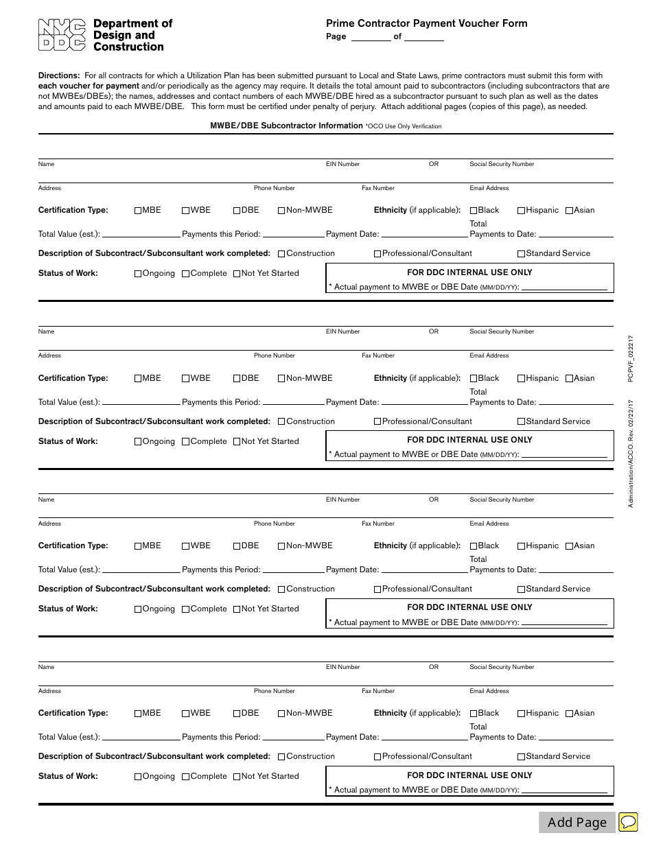 New York City Prime Contractor Payment Voucher Form - Fill Out, Sign ...