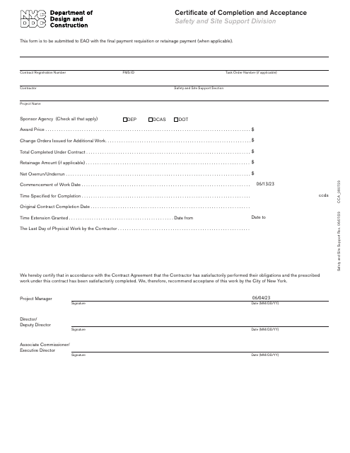 Certificate of Completion and Acceptance - New York City Download Pdf