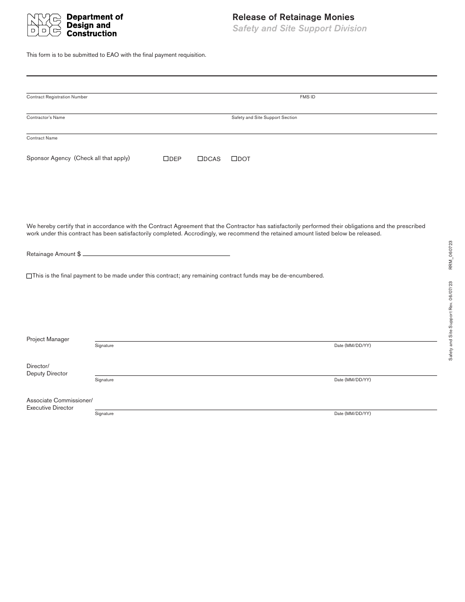 New York City Release Of Retainage Monies - Fill Out, Sign Online And 