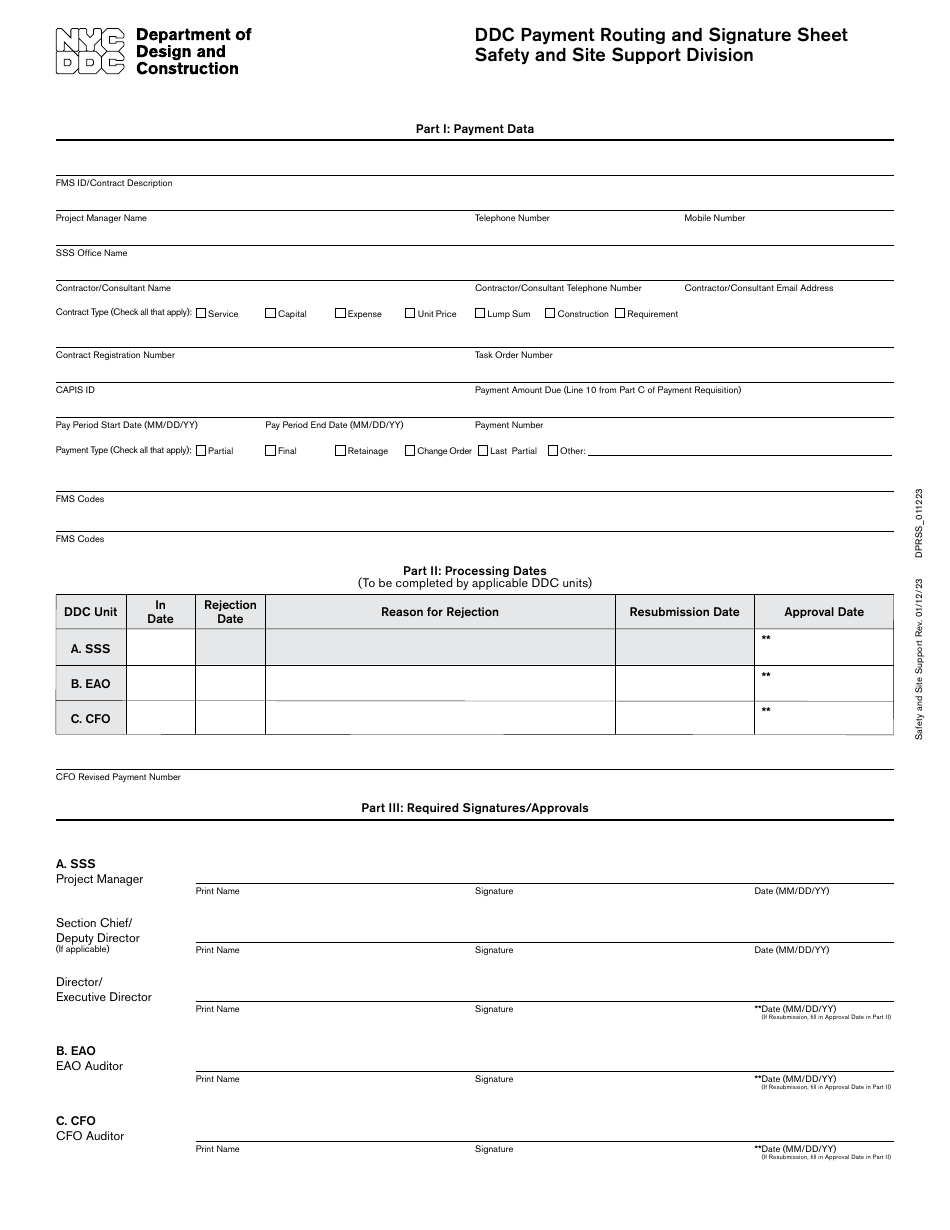 Ddc Payment Routing and Signature Sheet - Safety and Site Support Division - New York City, Page 1