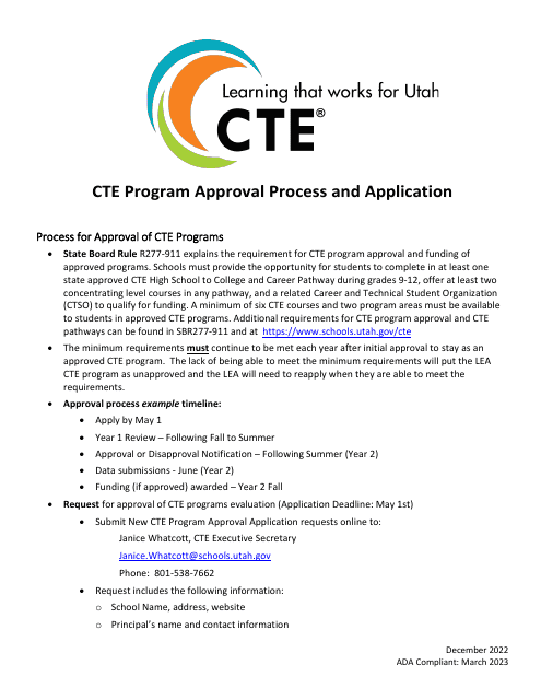 Application for Approval of Cte Programs - Utah Download Pdf