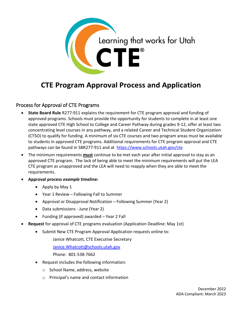 Application for Approval of Cte Programs - Utah, Page 1