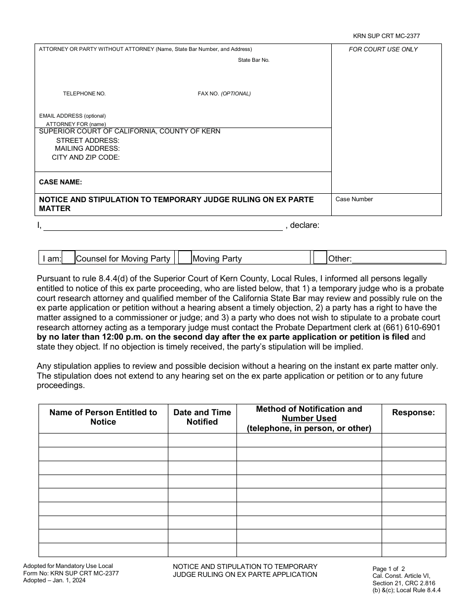 Form KRN SUP CRT MC-2377 - Fill Out, Sign Online and Download Fillable ...