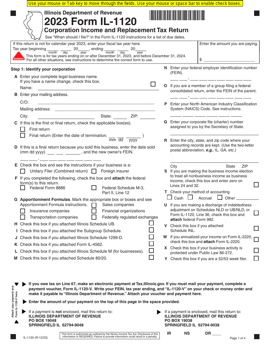 Form IL-1120 - 2023 - Fill Out, Sign Online and Download Fillable PDF ...