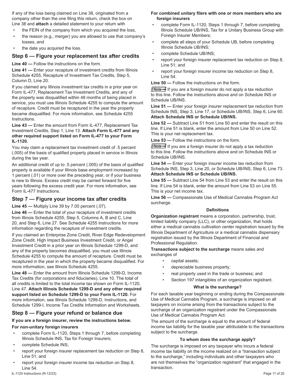 Instructions for Form IL-1120 Corporation Income and Replacement Tax Return - Illinois, Page 11