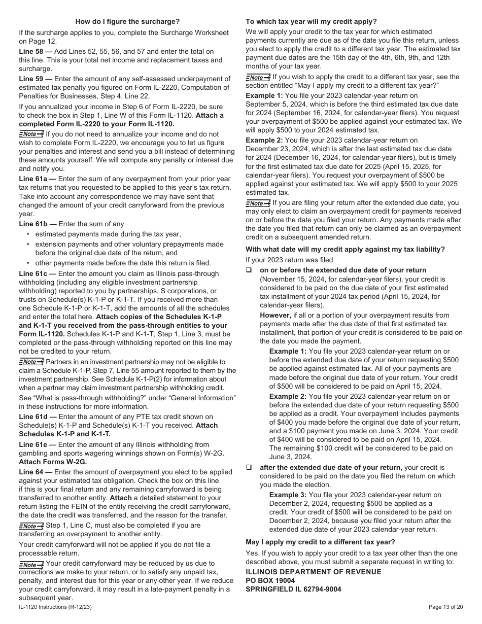 Instructions for Form IL-1120 Corporation Income and Replacement Tax Return - Illinois, Page 13