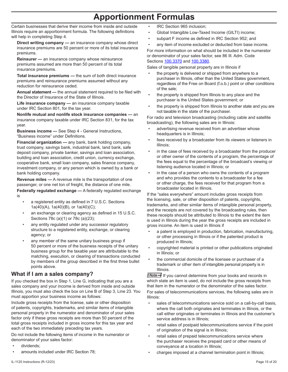 Instructions for Form IL-1120 Corporation Income and Replacement Tax Return - Illinois, Page 15