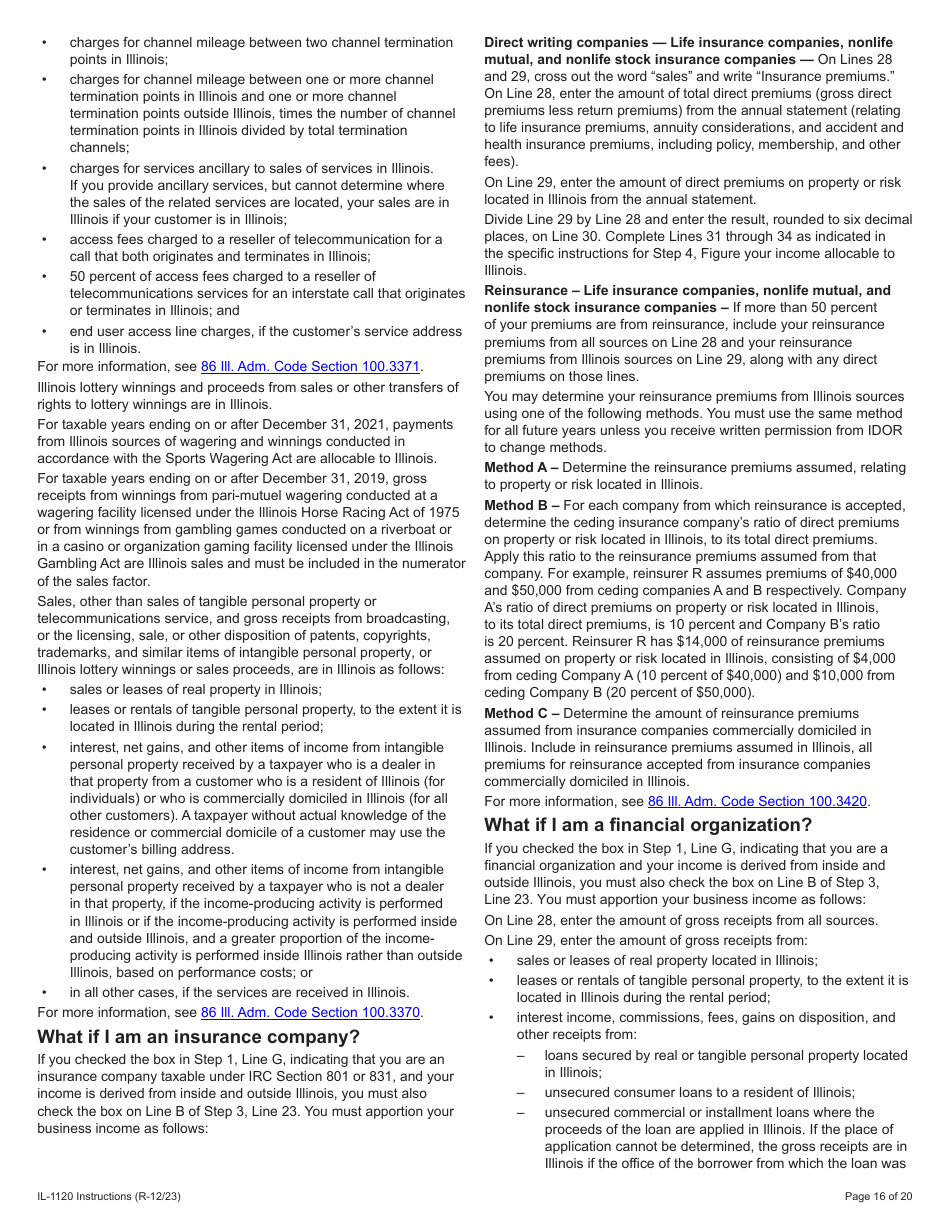 Instructions for Form IL-1120 Corporation Income and Replacement Tax Return - Illinois, Page 16