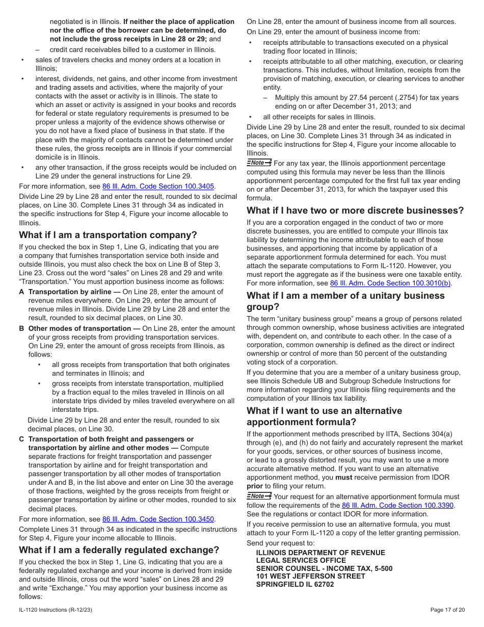 Instructions for Form IL-1120 Corporation Income and Replacement Tax Return - Illinois, Page 17