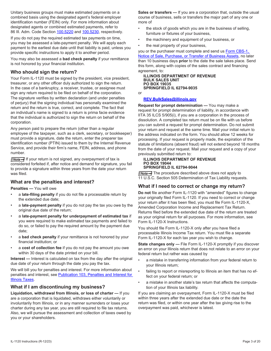 Instructions for Form IL-1120 Corporation Income and Replacement Tax Return - Illinois, Page 3