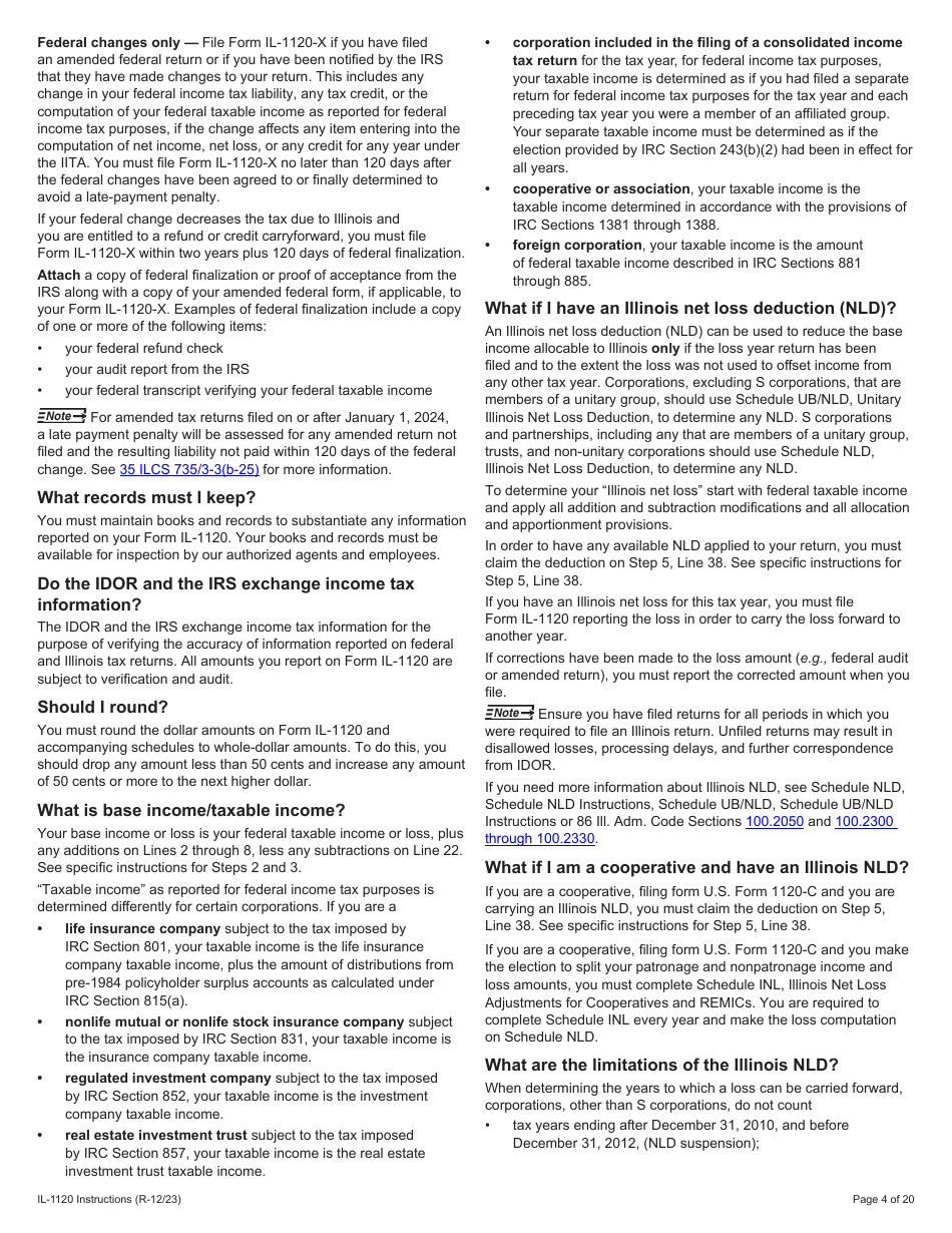Instructions for Form IL-1120 Corporation Income and Replacement Tax Return - Illinois, Page 4