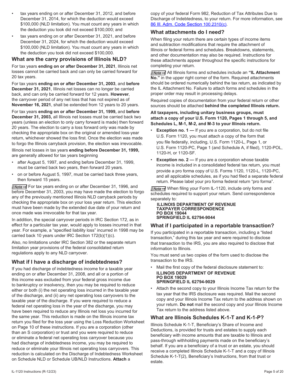 Instructions for Form IL-1120 Corporation Income and Replacement Tax Return - Illinois, Page 5