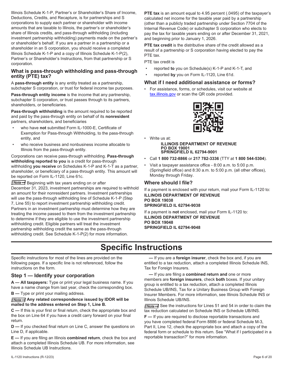 Instructions for Form IL-1120 Corporation Income and Replacement Tax Return - Illinois, Page 6