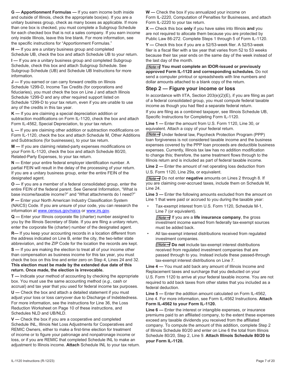 Instructions for Form IL-1120 Corporation Income and Replacement Tax Return - Illinois, Page 7