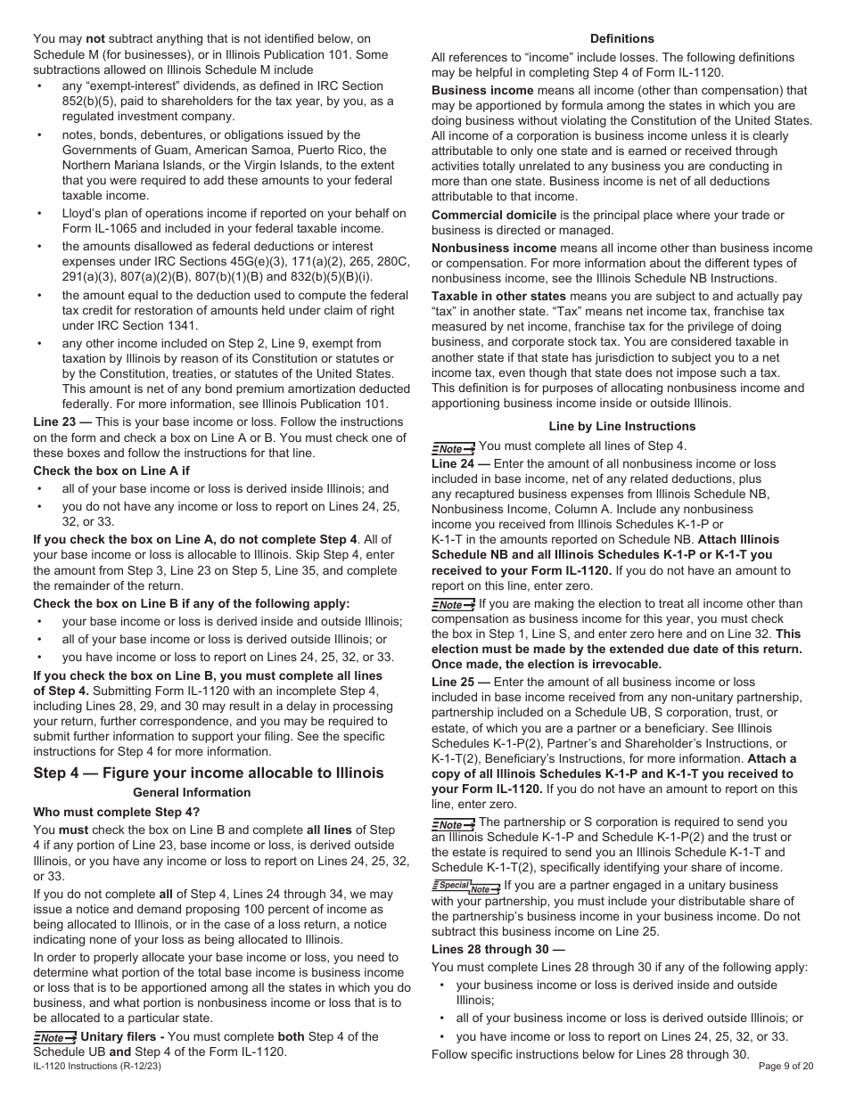 Instructions for Form IL-1120 Corporation Income and Replacement Tax Return - Illinois, Page 9