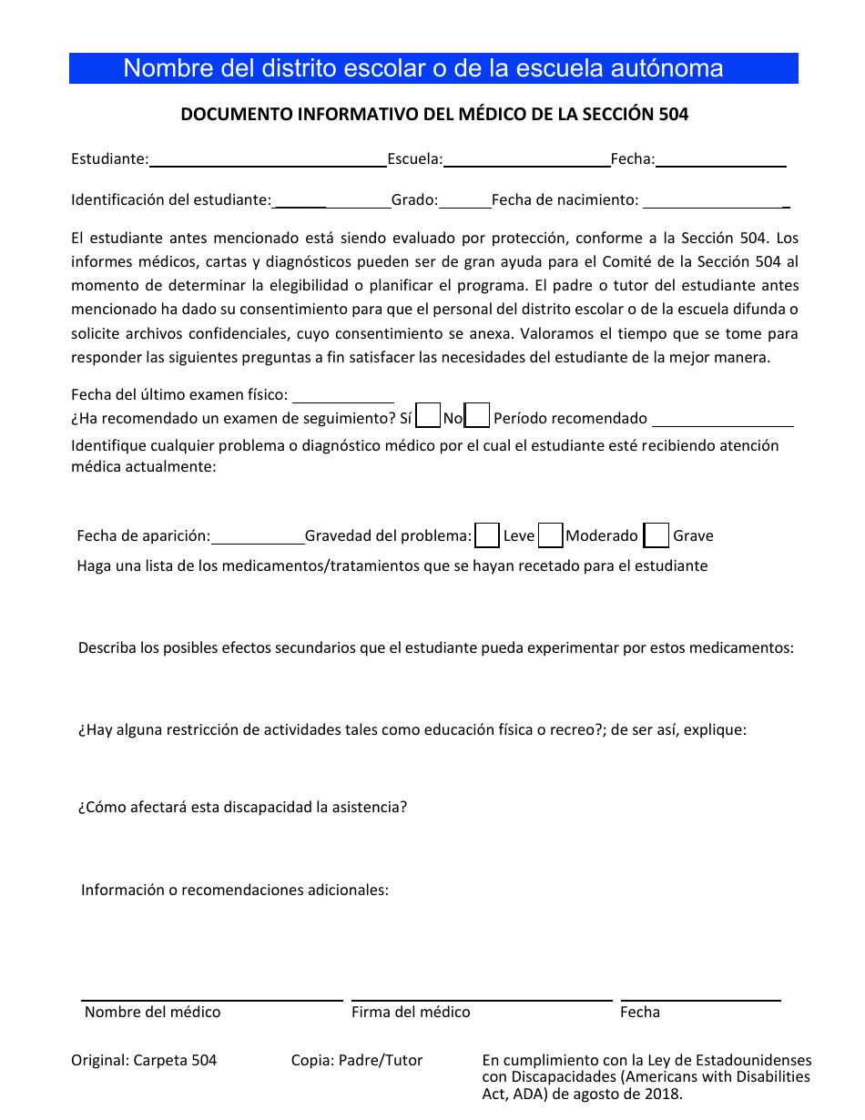 Documento Informativo Del Medico De La Seccion 504 - Utah (Spanish), Page 1