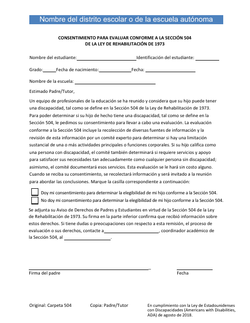 Consentimiento Para Evaluar Conforme a La Seccion 504 De La Ley De Rehabilitacion De 1973 - Utah (Spanish)