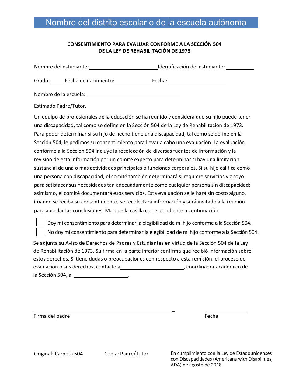 Consentimiento Para Evaluar Conforme a La Seccion 504 De La Ley De Rehabilitacion De 1973 - Utah (Spanish), Page 1