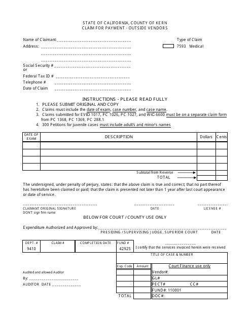 Claim for Payment - Medical Evaluation - County of Kern, California Download Pdf