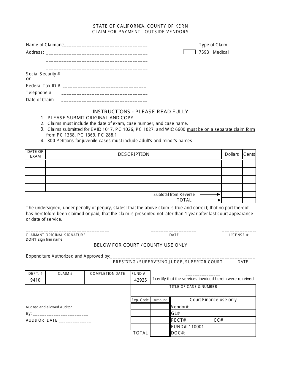 County of Kern, California Claim for Payment - Medical Evaluation ...