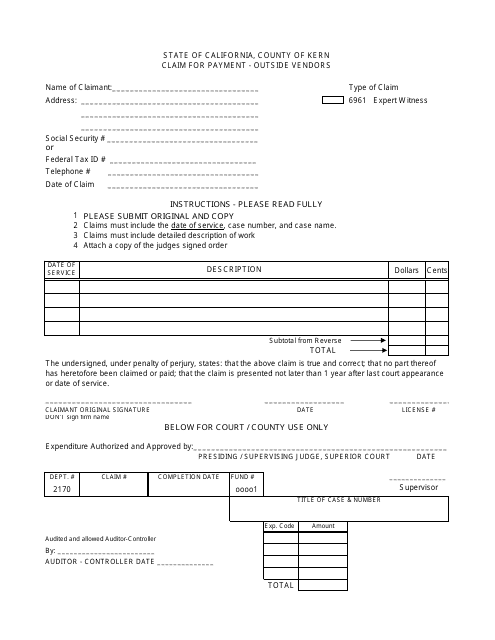 Claim for Payment - Expert Witness - County of Kern, California Download Pdf