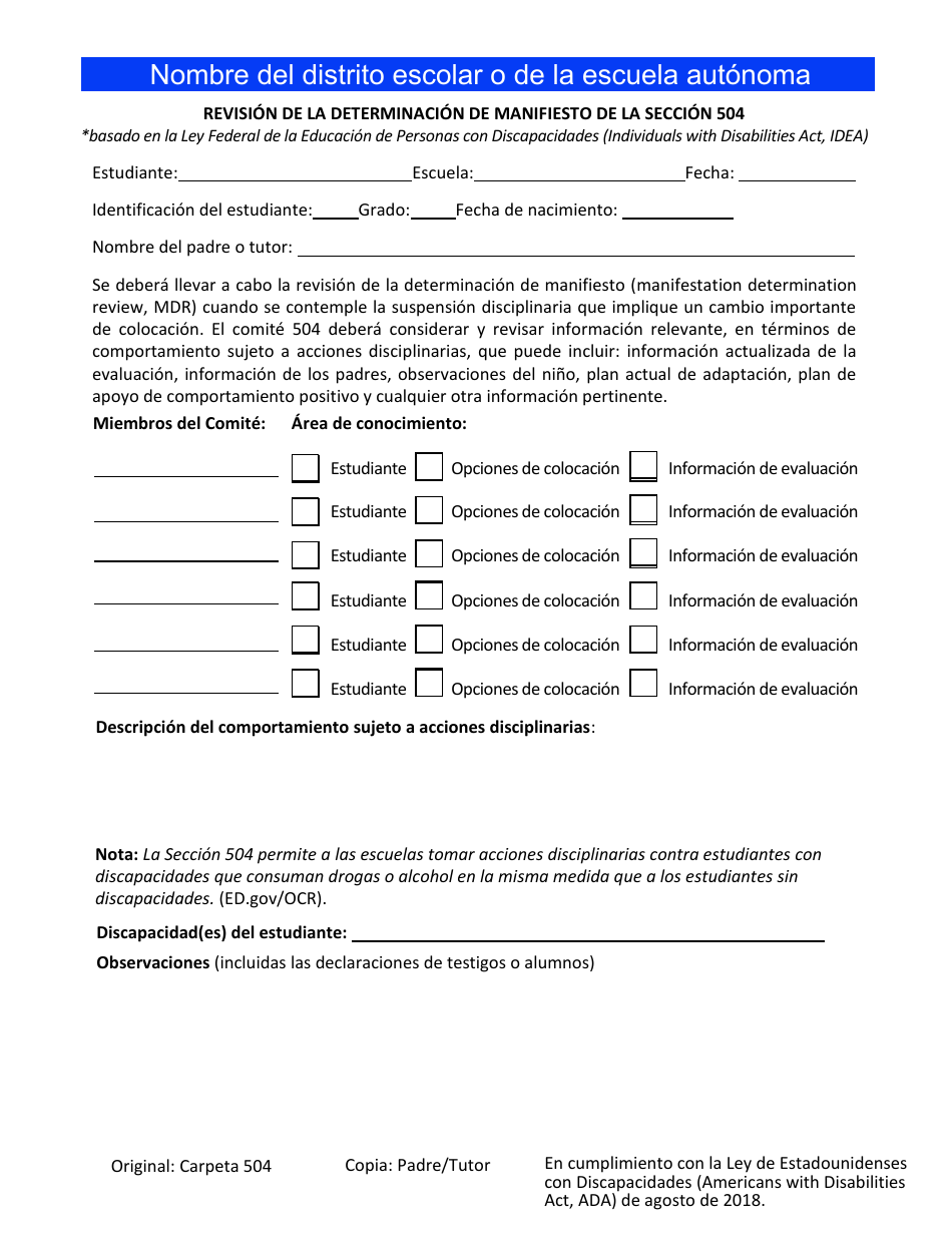 Revision De La Determinacion De Manifiesto De La Seccion 504 - Utah (Spanish), Page 1