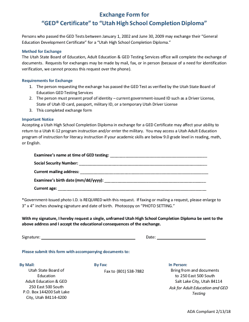 Exchange Form for Ged Certificate to Utah High School Completion Diploma - Utah Download Pdf