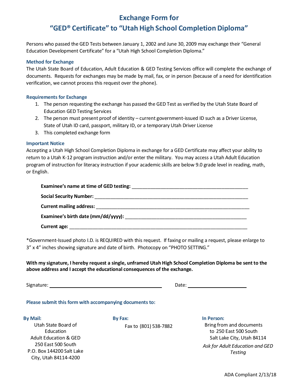 Exchange Form for Ged Certificate to Utah High School Completion Diploma - Utah, Page 1