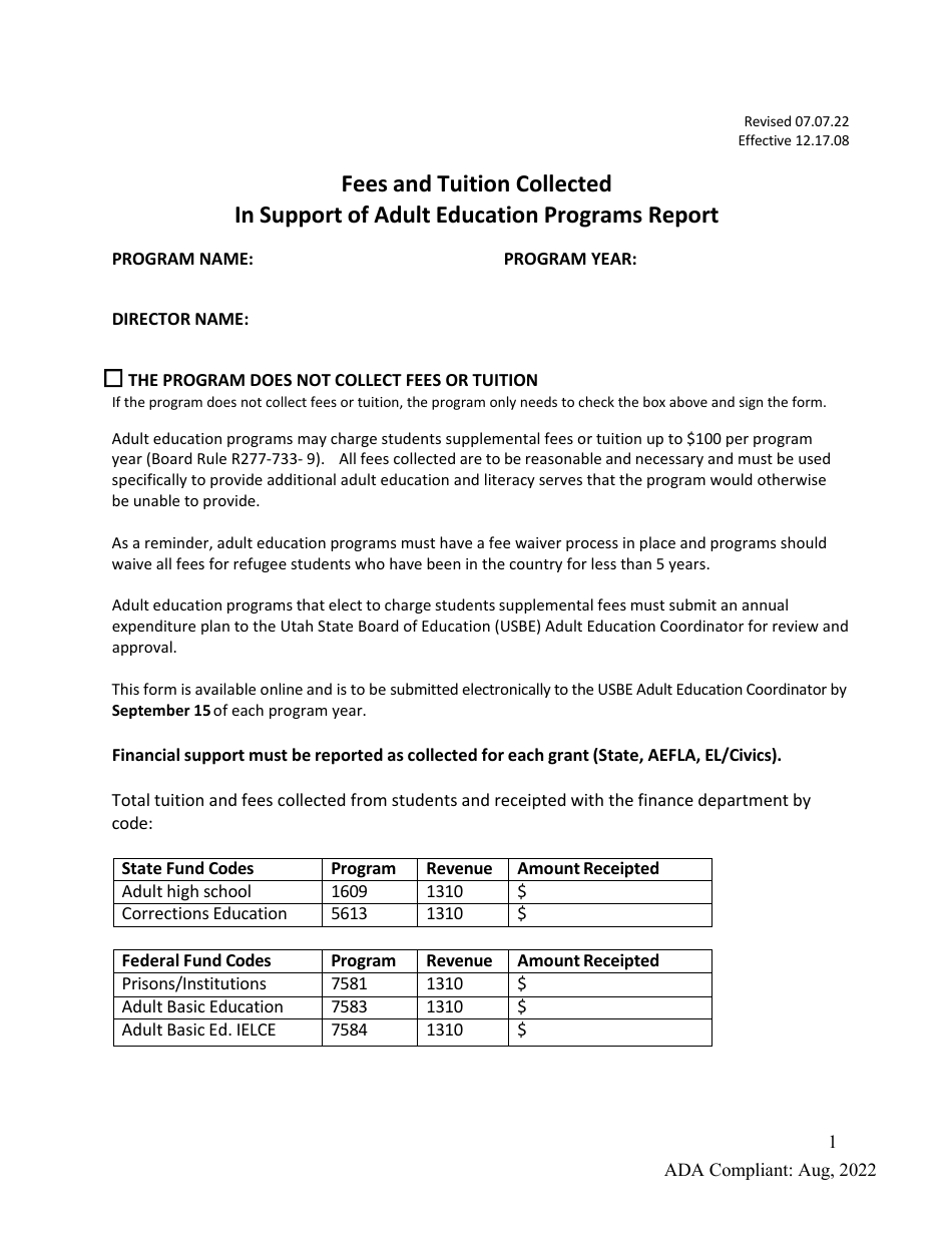 Fees and Tuition Collected in Support of Adult Education Programs Report - Utah, Page 1